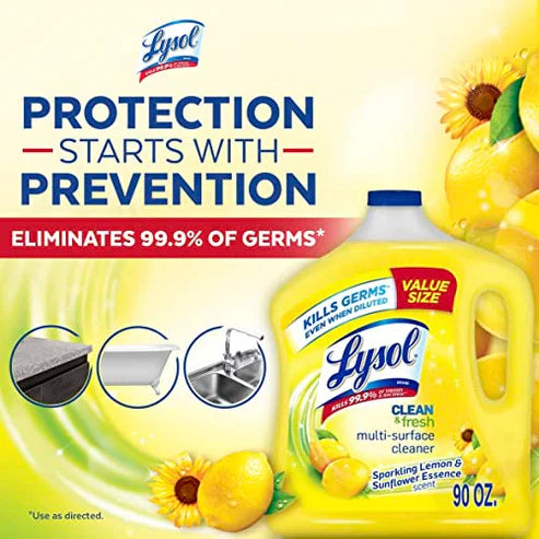 Lysol Multi-Surface Cleaner, Sanitizing and Disinfecting Pour, to Clean and Deodorize, Sparkling Lemon and Sunflower Essence, 90 Fl Oz
